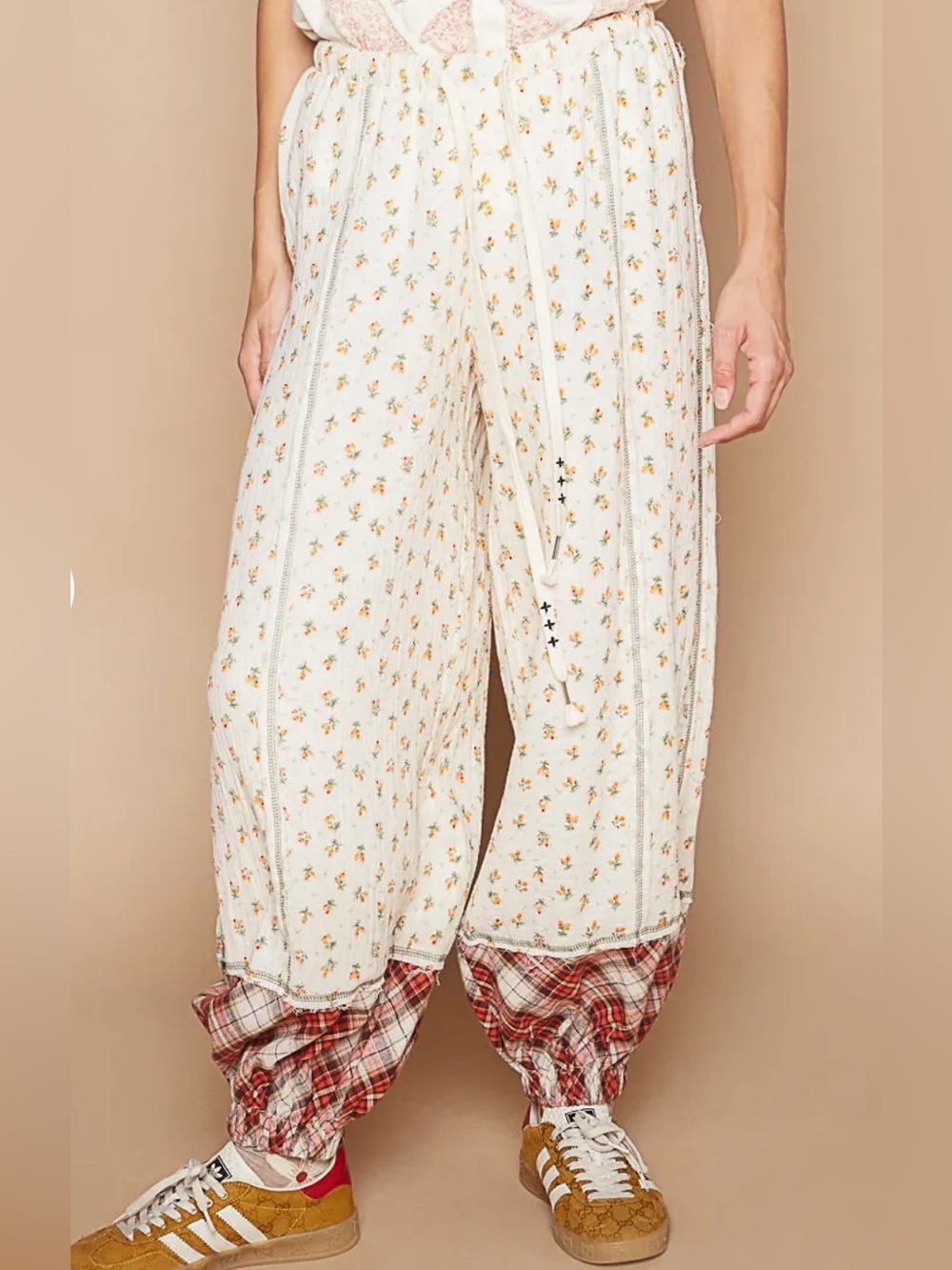 POL Meadow Muse Cream Floral Harem Jogger Balloon Pants Plaid Cuffs Size Large